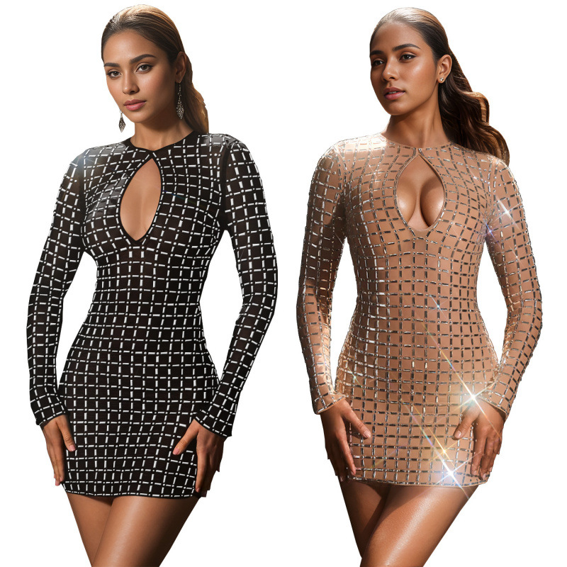 Haljina s otvorenim leđima, dugi rukavi, Hotfix kristali, Milk Silk tkanina, okrugli izrez (elegantan stil)