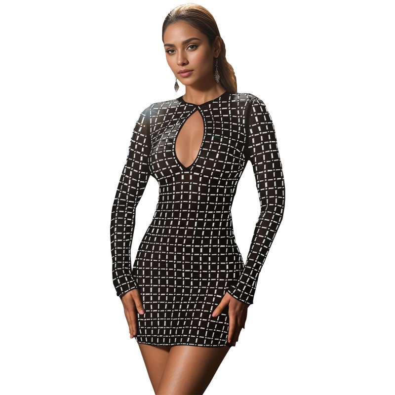 Haljina s otvorenim leđima, dugi rukavi, Hotfix kristali, Milk Silk tkanina, okrugli izrez (elegantan stil)