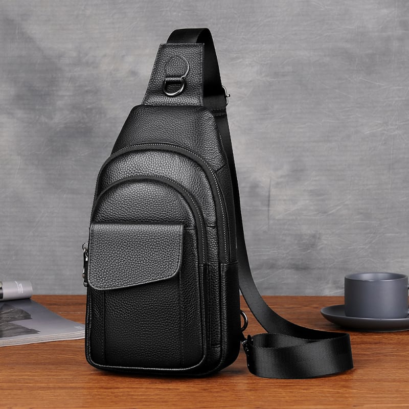 Muška torbica za prsa od prave kože, prvi sloj goveđe kože, prozračna podstava od najlona, jednobojni uzorak, poslovni stil putovanja, crossbody, proljeće 2024