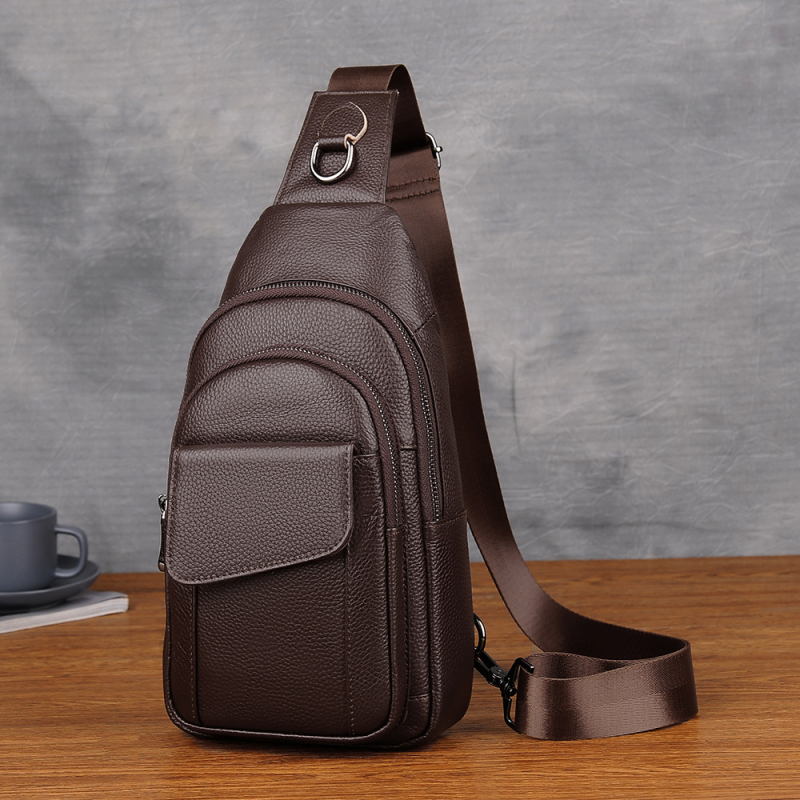 Muška torbica za prsa od prave kože, prvi sloj goveđe kože, prozračna podstava od najlona, jednobojni uzorak, poslovni stil putovanja, crossbody, proljeće 2024