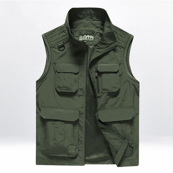 Muška outdoor brzosušeća vest s više džepova za fotografiranje, stojeći ovratnik, prednji zatvarač, fleece podstava, najlon glavni materijal, podstava poliester