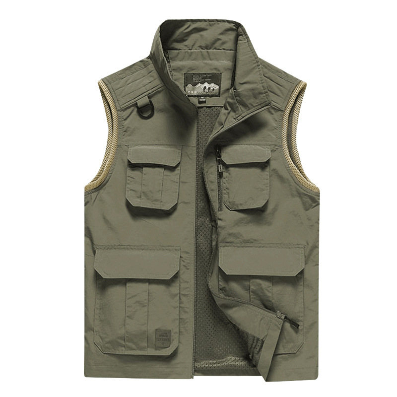 Muška outdoor brzosušeća vest s više džepova za fotografiranje, stojeći ovratnik, prednji zatvarač, fleece podstava, najlon glavni materijal, podstava poliester