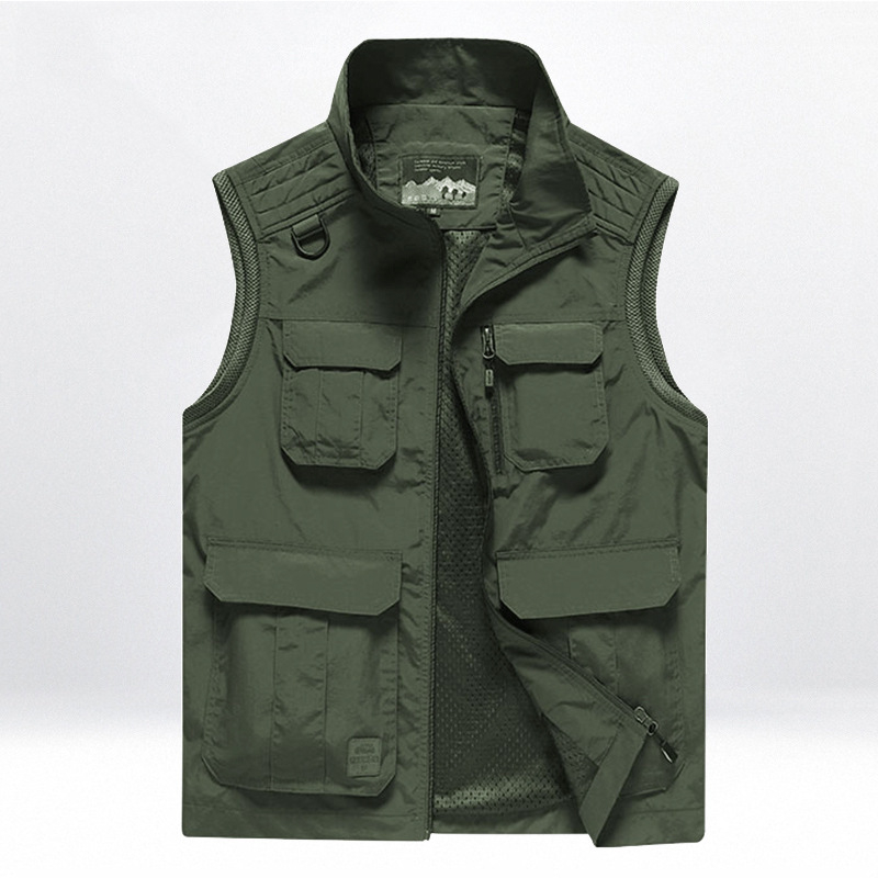 Muška outdoor brzosušeća vest s više džepova za fotografiranje, stojeći ovratnik, prednji zatvarač, fleece podstava, najlon glavni materijal, podstava poliester