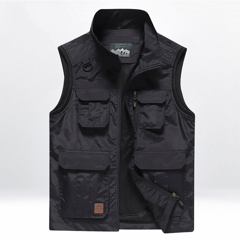 Muška outdoor brzosušeća vest s više džepova za fotografiranje, stojeći ovratnik, prednji zatvarač, fleece podstava, najlon glavni materijal, podstava poliester