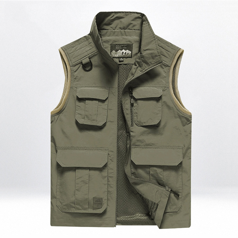 Muška outdoor brzosušeća vest s više džepova za fotografiranje, stojeći ovratnik, prednji zatvarač, fleece podstava, najlon glavni materijal, podstava poliester
