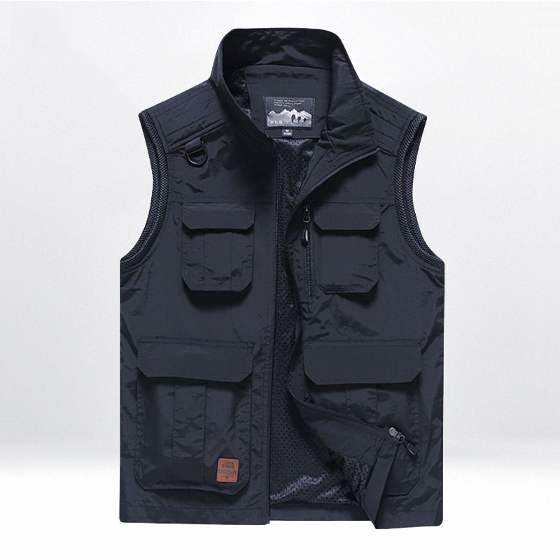 Muška outdoor brzosušeća vest s više džepova za fotografiranje, stojeći ovratnik, prednji zatvarač, fleece podstava, najlon glavni materijal, podstava poliester