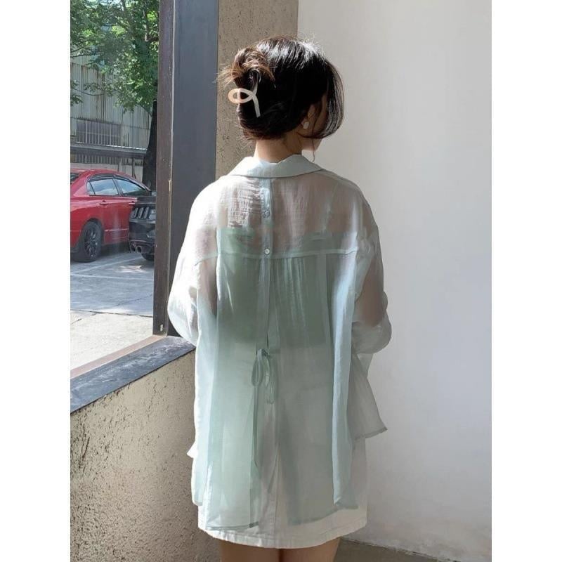 Šifon košulja sa stražnjim otvorom, opušteni kroj (Materijal: šifon; Sastav: spandex + poliester; Stil: ležerni kardigan; Rukavi: dugi; Duljina: 50–65 cm)