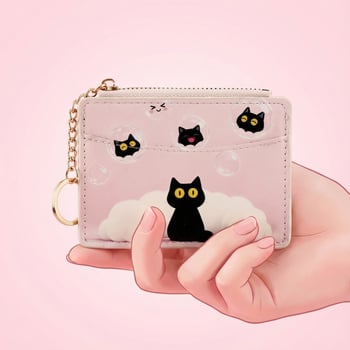 Държател за карти с котешки мотив, PU материал, дамски, марка Tidalstyle, стил младежки кампус