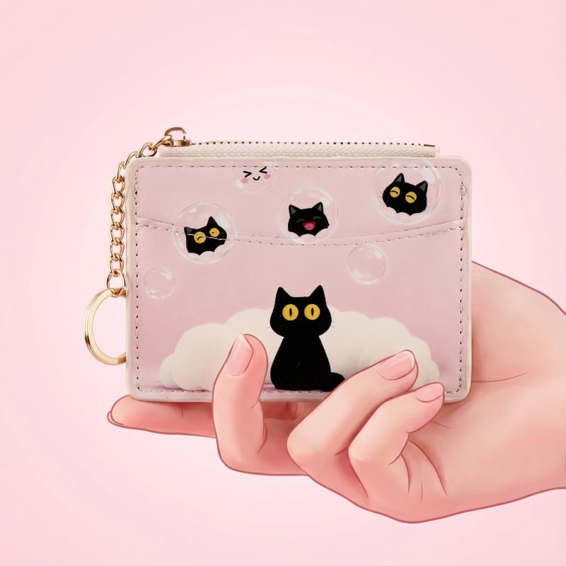 Държател за карти с котешки мотив, PU материал, дамски, марка Tidalstyle, стил младежки кампус