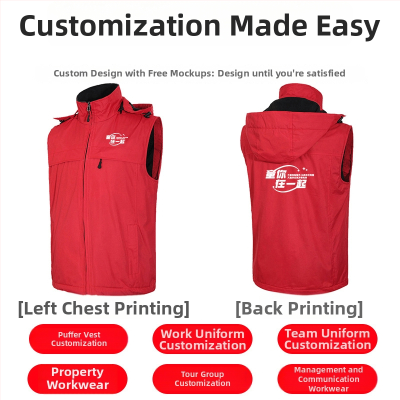 Zimná pracovná vesta s vlastným logom, hrubý fleece podšívka, zips, odnímateľná kapucňa, voľný strih