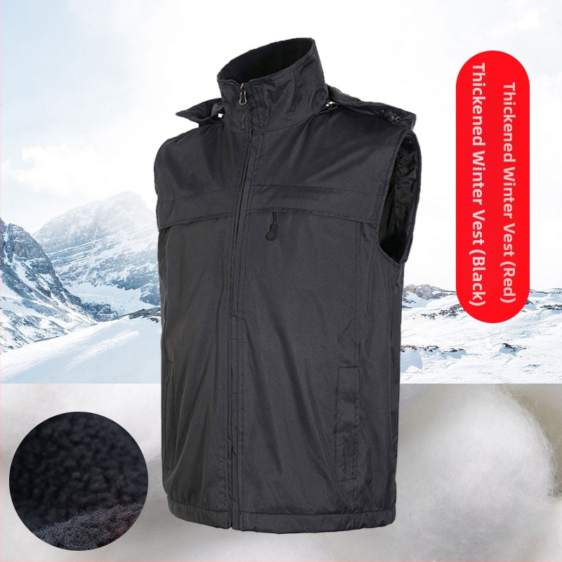 Χειμερινό γιλέκο εξωτερικής εργασίας με λογότυπο κατά παραγγελία, παχύ πολάρ φλίς επένδυση, φερμουάρ, αποσπώμενη κουκούλα, άνετη γραμμή