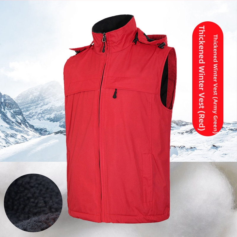 Χειμερινό γιλέκο εξωτερικής εργασίας με λογότυπο κατά παραγγελία, παχύ πολάρ φλίς επένδυση, φερμουάρ, αποσπώμενη κουκούλα, άνετη γραμμή