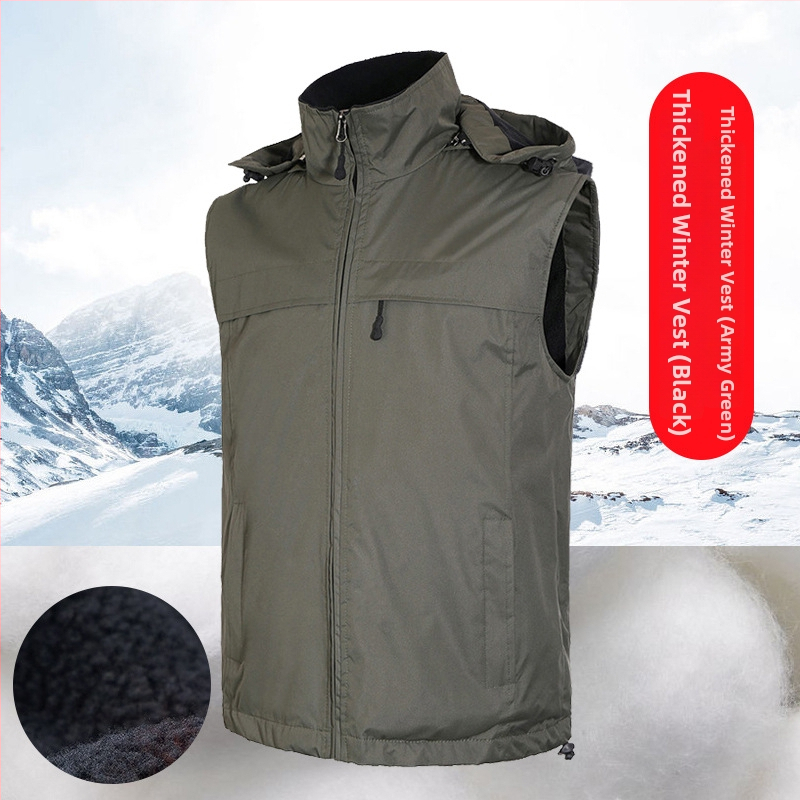 Χειμερινό γιλέκο εξωτερικής εργασίας με λογότυπο κατά παραγγελία, παχύ πολάρ φλίς επένδυση, φερμουάρ, αποσπώμενη κουκούλα, άνετη γραμμή