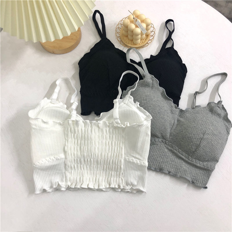 Pamukasti bez naramenica crop top s ugrađenom jastučićem za grudi, krati crop top s lijepim leđima i volanima