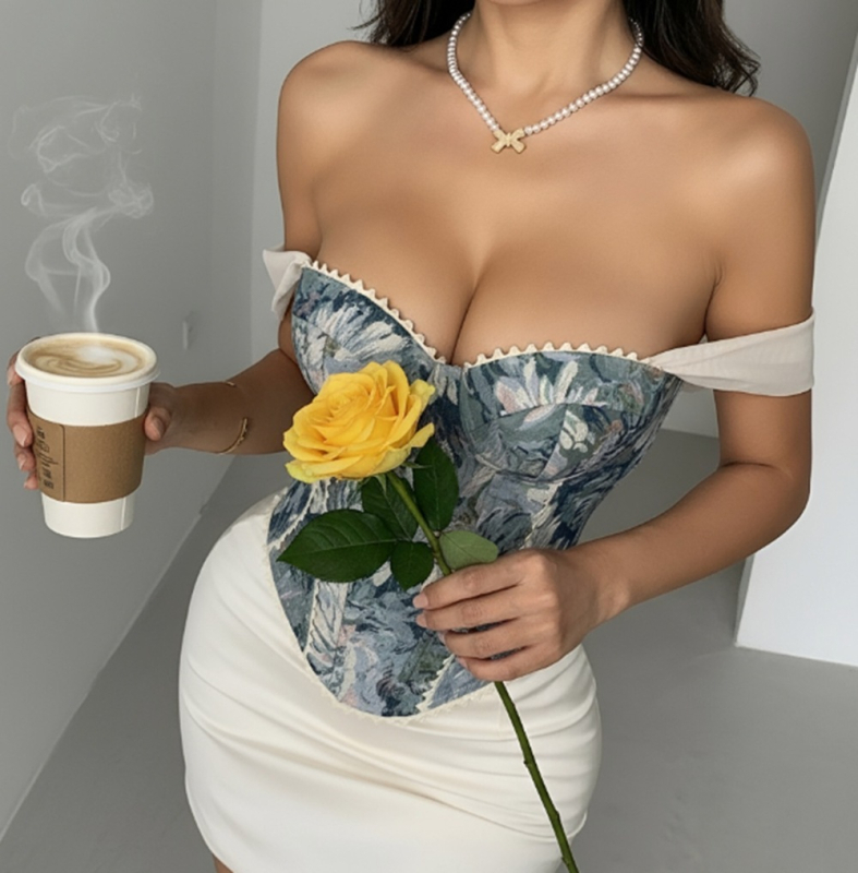 Fishbone Bra Vest — Jacquard Oil Painting Palace Style, Plants & Flowers Pattern, Slim Fit, Polyester with Spandex