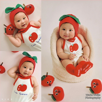 Tomato rajzfilm-stílusú gyermekfotózási öltözet – ujjatlan, levehető kapucnival, 99% pamut fő anyag, több részes készlet ruhák és kiegészítők, 0–1 éveseknek, tavasz/nyár/ősz