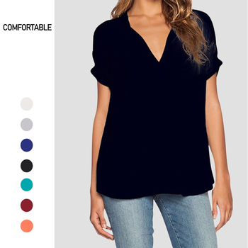 Bluza de damă din chiffon cu decolteu în V, față scurtă, spate lung, croială lejeră, mâneci 3/4