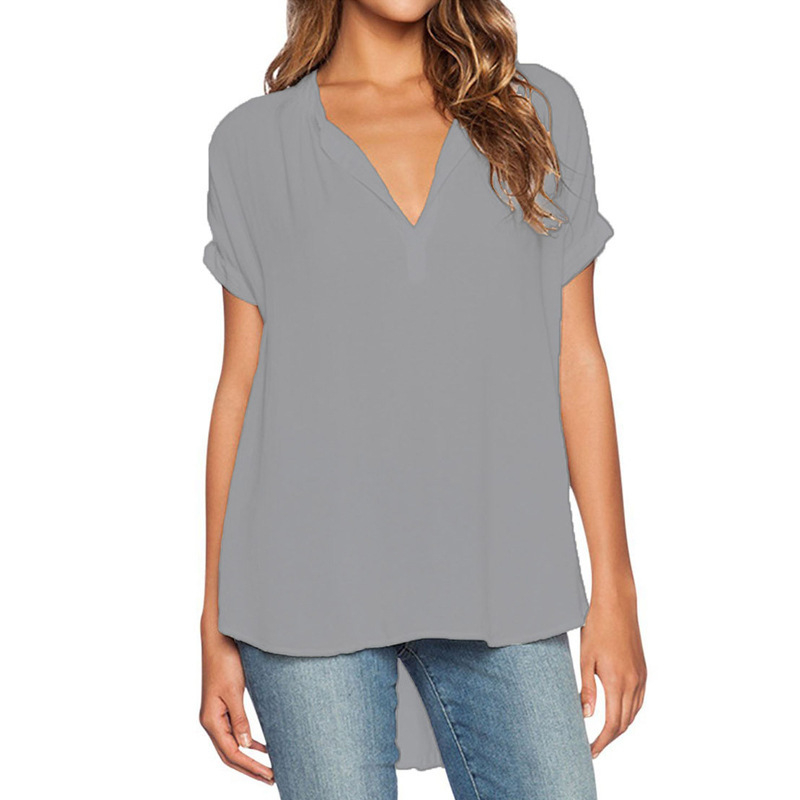 Bluza de damă din chiffon cu decolteu în V, față scurtă, spate lung, croială lejeră, mâneci 3/4