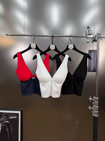 Top bustier cu decolteu în V dublu, spate deschis, pernă pentru sân, lungime ultra scurtă