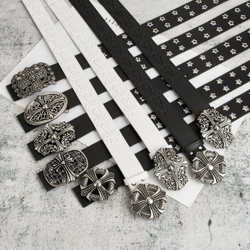 Ανδρική ζώνη από PU δέρμα • Αγκράφα από κράμα • Κλείσιμο snap • Σχέδιο Cross Flower • Στυλ πανκ/χιπ-χοπ