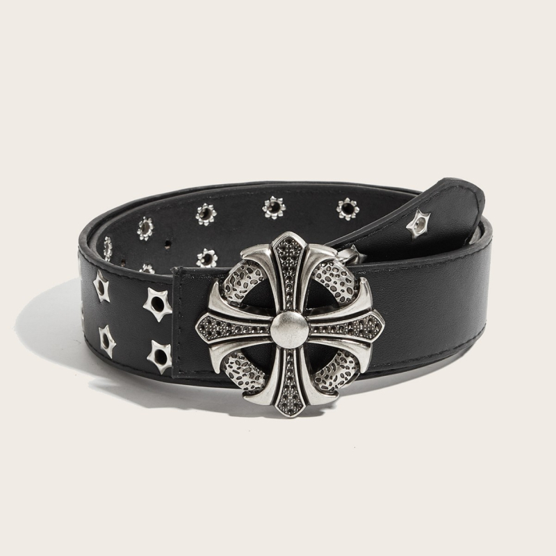 Ανδρική ζώνη από PU δέρμα • Αγκράφα από κράμα • Κλείσιμο snap • Σχέδιο Cross Flower • Στυλ πανκ/χιπ-χοπ