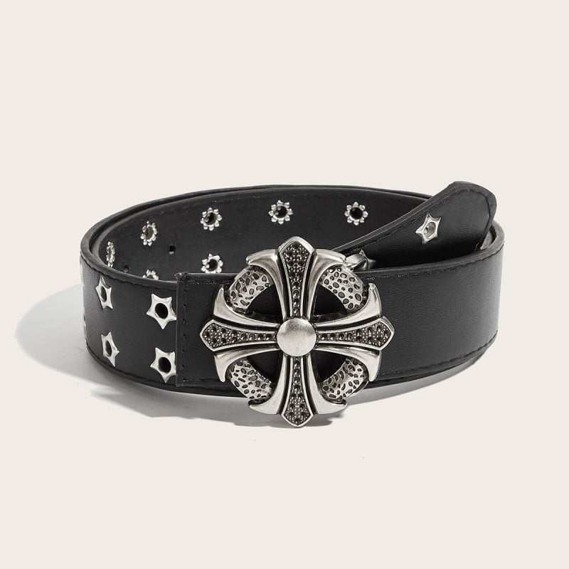 Ανδρική ζώνη από PU δέρμα • Αγκράφα από κράμα • Κλείσιμο snap • Σχέδιο Cross Flower • Στυλ πανκ/χιπ-χοπ