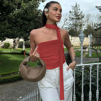 Top fără bretele, croială slim, imprimeu buline, lungime scurtă, material Korean net milk silk (90–95% poliester), Primăvara 2025