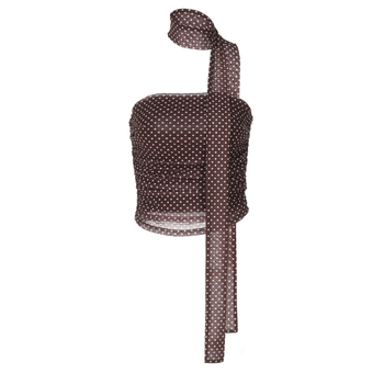 Top fără bretele, croială slim, imprimeu buline, lungime scurtă, material Korean net milk silk (90–95% poliester), Primăvara 2025