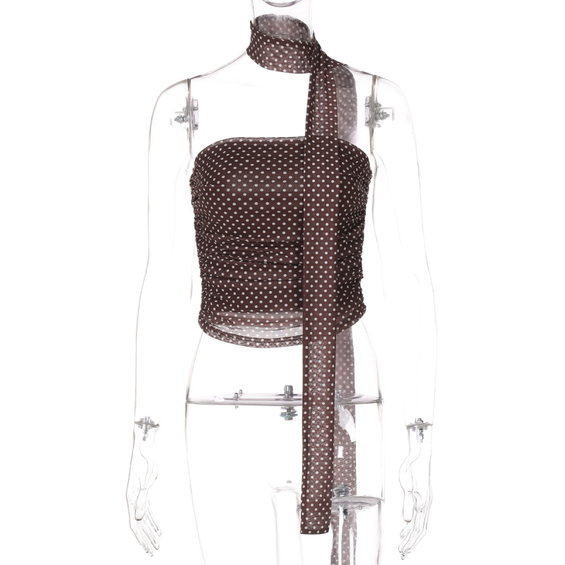 Top fără bretele, croială slim, imprimeu buline, lungime scurtă, material Korean net milk silk (90–95% poliester), Primăvara 2025