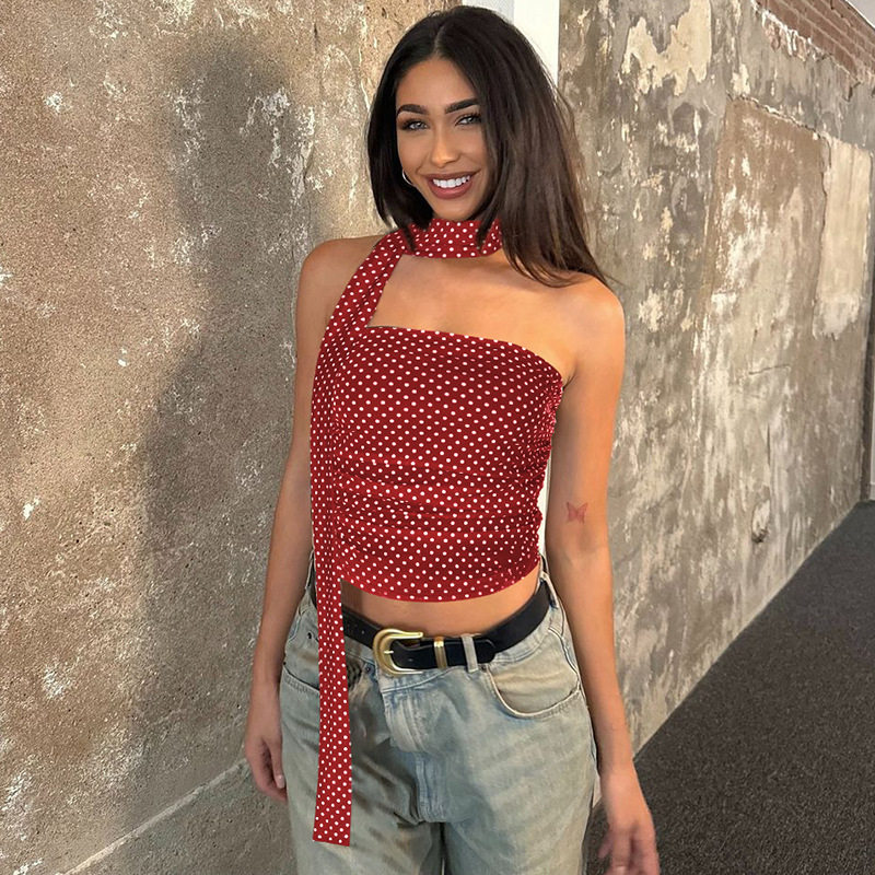 Top fără bretele, croială slim, imprimeu buline, lungime scurtă, material Korean net milk silk (90–95% poliester), Primăvara 2025