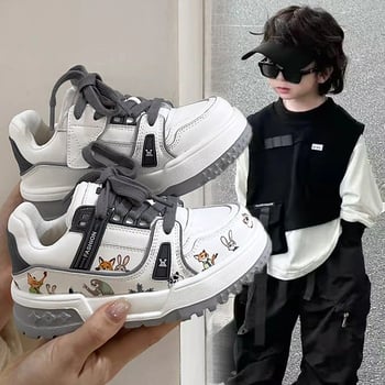 Pantofi sport pentru copii casual, partea superioară din piele artificială, imprimeu desene animate, închidere Velcro, pentru vârstele 4–12 ani, talpă din cauciuc sintetic