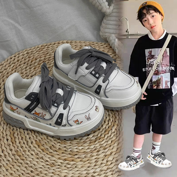 Pantofi sport pentru copii casual, partea superioară din piele artificială, imprimeu desene animate, închidere Velcro, pentru vârstele 4–12 ani, talpă din cauciuc sintetic