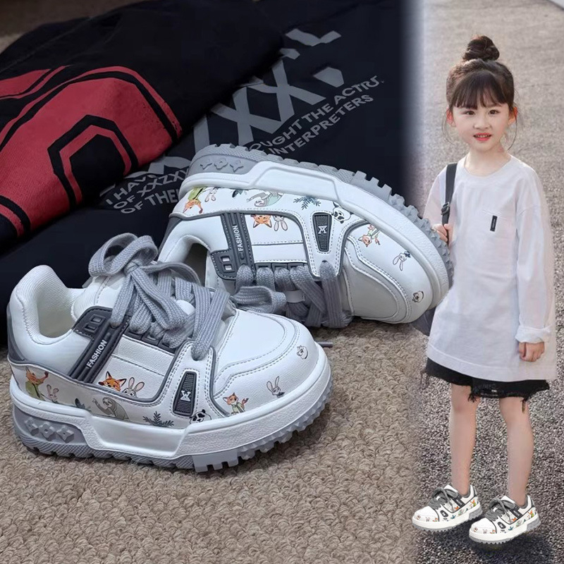 Pantofi sport pentru copii casual, partea superioară din piele artificială, imprimeu desene animate, închidere Velcro, pentru vârstele 4–12 ani, talpă din cauciuc sintetic