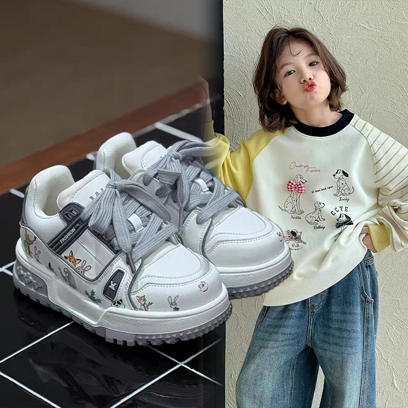 Pantofi sport pentru copii casual, partea superioară din piele artificială, imprimeu desene animate, închidere Velcro, pentru vârstele 4–12 ani, talpă din cauciuc sintetic