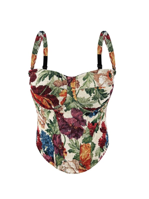 Bustier топ с подвижни презрамки, подплънки и вътрешна дантела, принт с рисунка, рибена кост дизайн, къс силует, полиестер с еластан