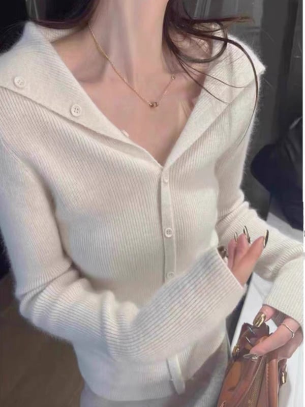 Кардиган с яка, дълги ръкави, вълна 95%+, тесен силует, Зима 2025