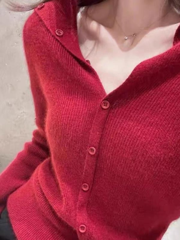 Кардиган с яка, дълги ръкави, вълна 95%+, тесен силует, Зима 2025