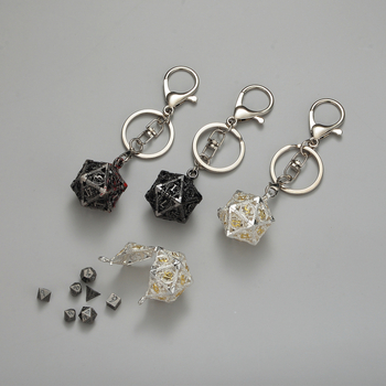 Set zaruri din cupru cu pandantiv dragon pentru breloc, 20 de fețe, colțuri rotunjite, personalizare disponibilă