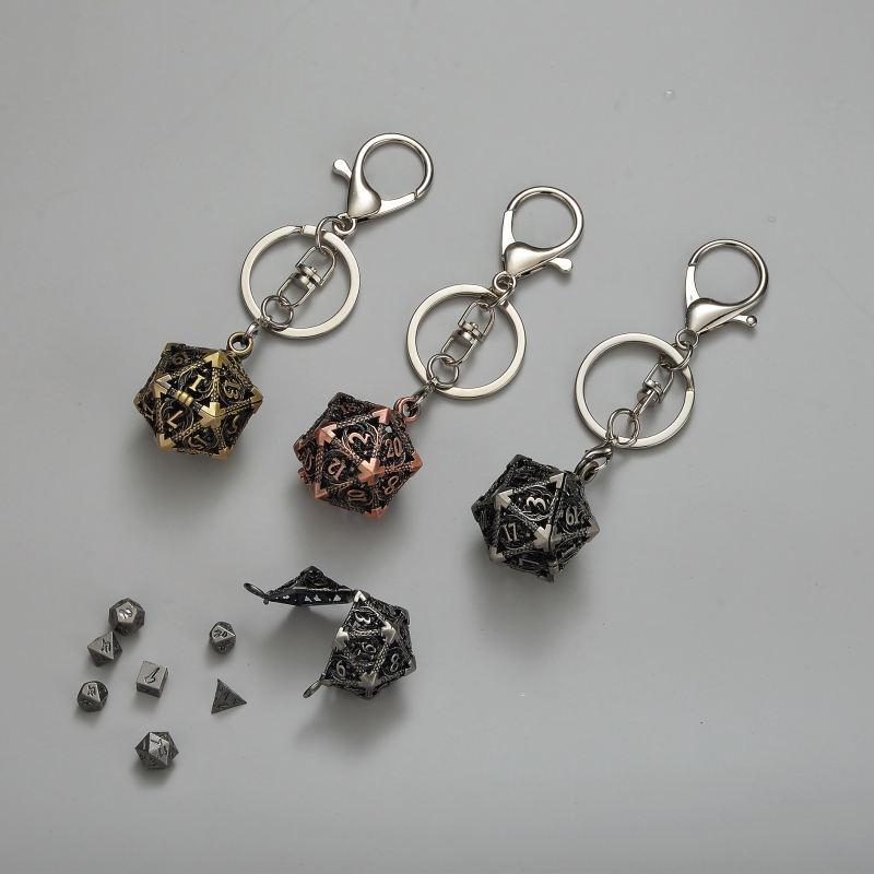 Set zaruri din cupru cu pandantiv dragon pentru breloc, 20 de fețe, colțuri rotunjite, personalizare disponibilă