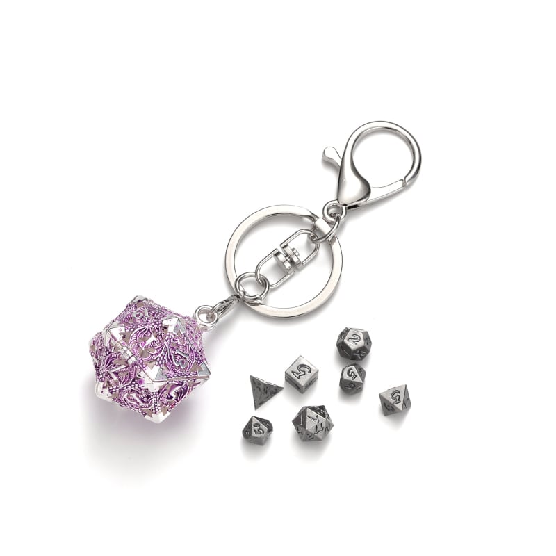 Set zaruri din cupru cu pandantiv dragon pentru breloc, 20 de fețe, colțuri rotunjite, personalizare disponibilă