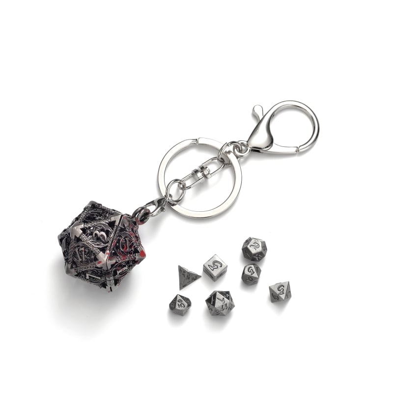 Set zaruri din cupru cu pandantiv dragon pentru breloc, 20 de fețe, colțuri rotunjite, personalizare disponibilă