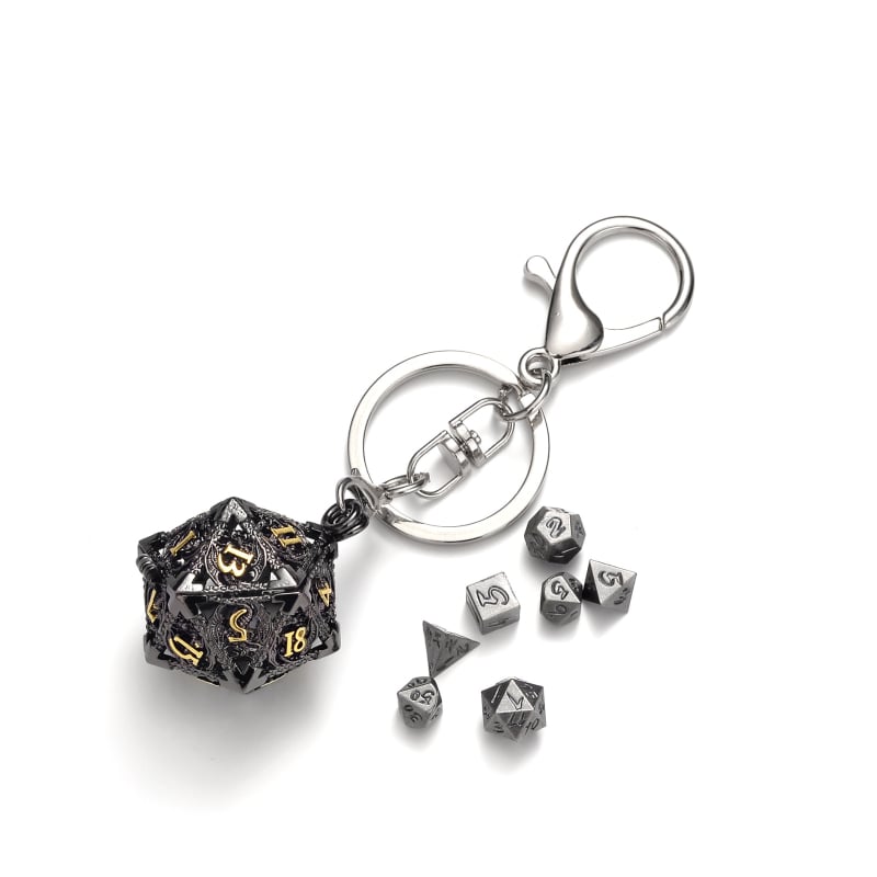 Set zaruri din cupru cu pandantiv dragon pentru breloc, 20 de fețe, colțuri rotunjite, personalizare disponibilă