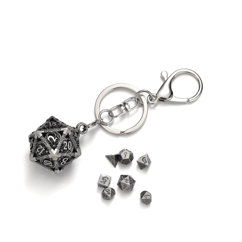 Set zaruri din cupru cu pandantiv dragon pentru breloc, 20 de fețe, colțuri rotunjite, personalizare disponibilă