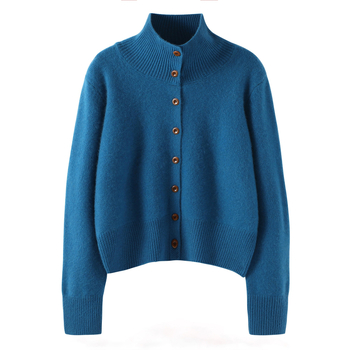 Дамски кашмирен кардиган – свободен силует, полувисока яка, дълги ръкави, ултра плътна плетка