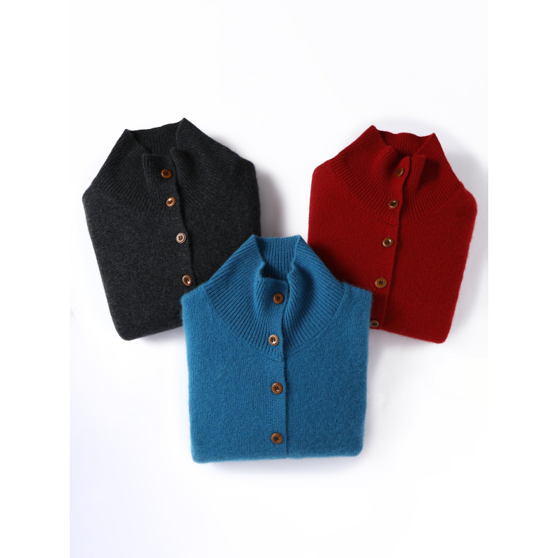 Дамски кашмирен кардиган – свободен силует, полувисока яка, дълги ръкави, ултра плътна плетка