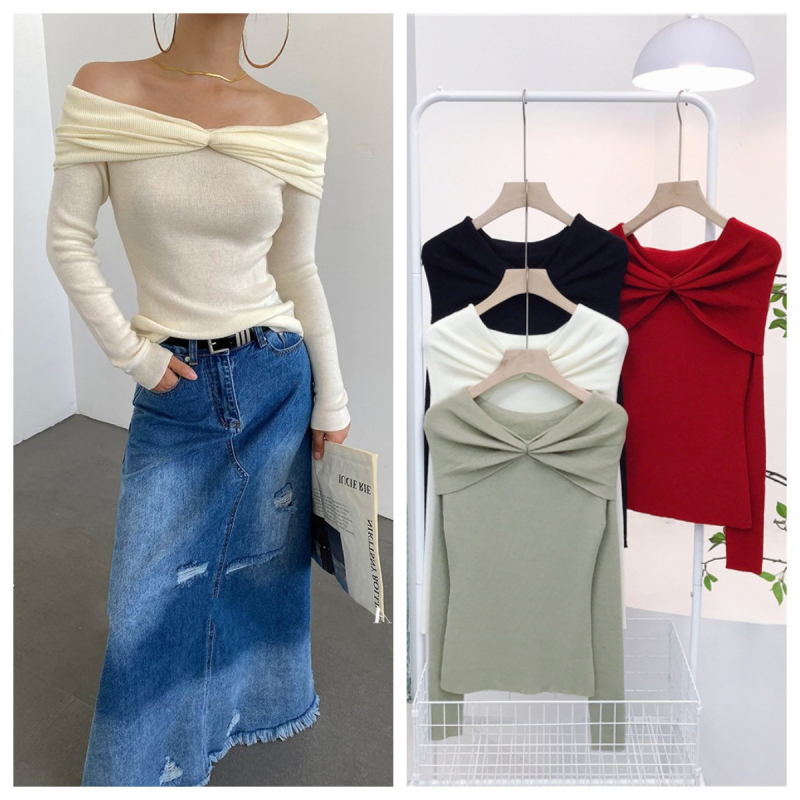 Model 7867: Pleteni top od vunene smeše, izrez na jedno rame, detalj čvora, uski kroj, francuski retro stil