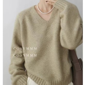 Женски вълнен пуловер с V-образно деколте, свободен силует, дълги ръкави, ежедневен градски стил, съдържа над 95% вълна