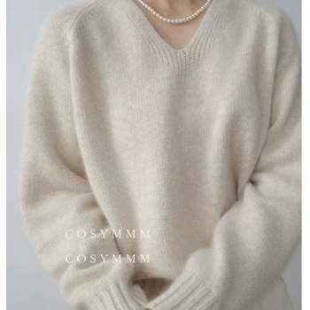 Женски вълнен пуловер с V-образно деколте, свободен силует, дълги ръкави, ежедневен градски стил, съдържа над 95% вълна