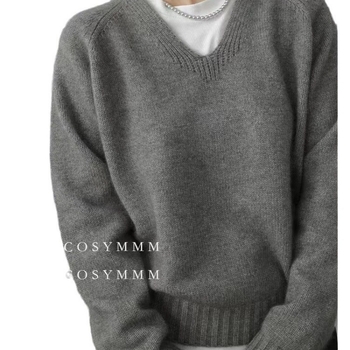 Женски вълнен пуловер с V-образно деколте, свободен силует, дълги ръкави, ежедневен градски стил, съдържа над 95% вълна