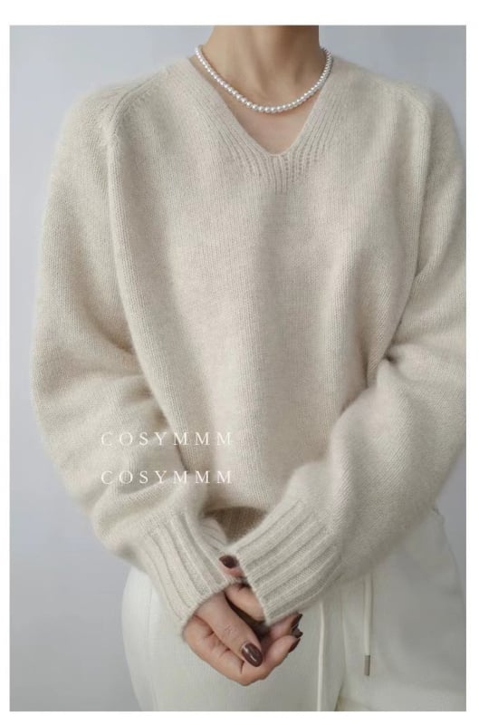Женски вълнен пуловер с V-образно деколте, свободен силует, дълги ръкави, ежедневен градски стил, съдържа над 95% вълна